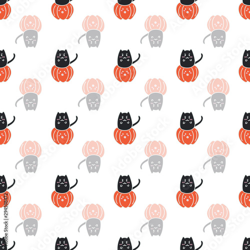 Fototapeta Naklejka Na Ścianę i Meble -  Halloween kawaii cats playing inside pumpkins, cute happy cartoon characters, colorful white seamless pattern. Spooky costumes halloween design for backgrounds, textile, wrapping paper and wallpaper