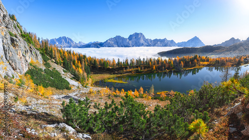 Wonderfull autumn view of Lake Federa in Dolomites