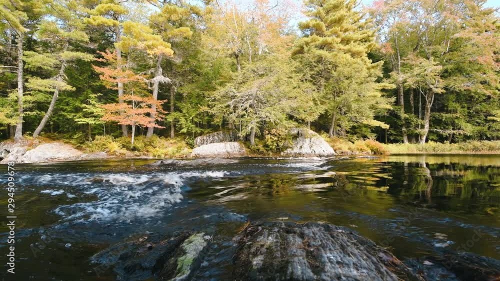 Autumn leaves and a river flows through the Kejimkujik National Park in Nova Scotia, Canada. Autumn leaves on the trees. Autumn leaves and a river flows through the Kejimkujik National Park in Nova Scotia, Canada. Autumn leaves on the trees.