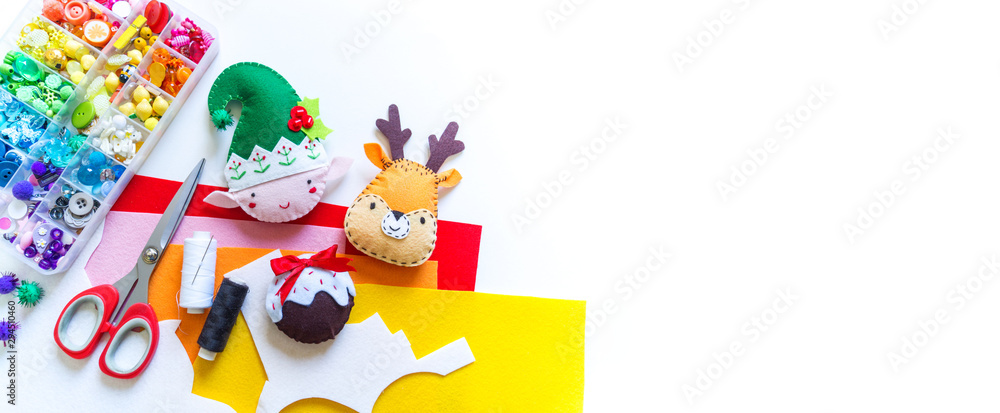 Craft soft toy decor for Christmas tree elf felt. Copy space Banner Craft soft toy decor for Christmas tree elf felt. Copy space Banner