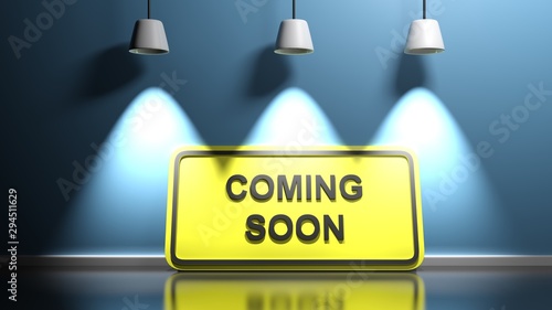 COOMING SOON yellow sign board at blue wall - 3D rendering illustration