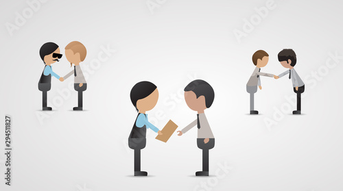 Business People Handshake, Vector. Business People Shaking Hands In Office. Cartoon Character Vector. Business People In Business Suits. Businessman Handing Over Envelope To Other Businessman