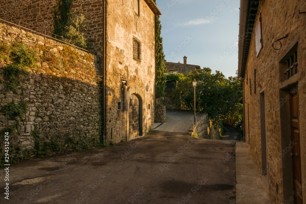 Cityscape of the fortified medieval village of Volpaia in the municipality of Radda in Chianti in the province of Siena Italy.