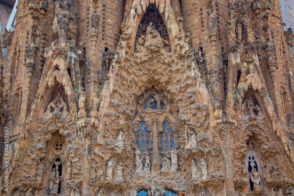 Barcelona, Catalonia, Spain-October 1, 2019: Famous Antonio Gaudi Sagrada Familia Cathedral, Tower close up