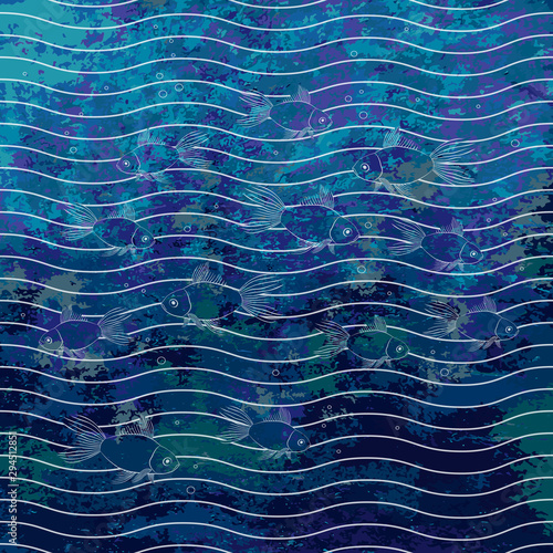 Beautiful blue background with fish. Vector with curved lines. Texture with colorful lines, shapes. Poster for your business design.