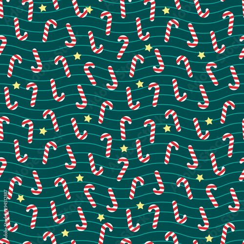 Seamless christmas pattern with caramel cane and stars on a green background. Cute vector illustration. Poster for your business design.