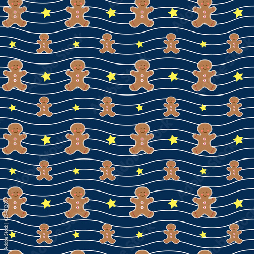 Seamless christmas pattern with gingerbread man stars on a blue background. Cute vector illustration.