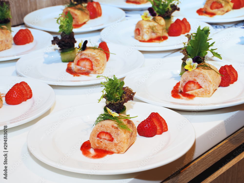 Salmon roll with strawberry, Concept healthy eating. 