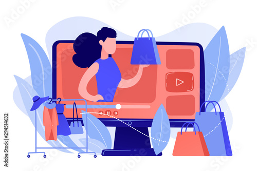 Fashion blogger review video fashionable purchase and clothes hanger. Fashion blog, shopping blogging, fashion blogger job concept. Pinkish coral bluevector isolated illustration