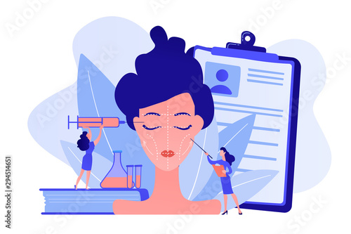 Surgeons with syringe doing facial contouring surgery to woman. Facial contouring, medical face sculpting, facial correction surgery concept. Pinkish coral bluevector isolated illustration