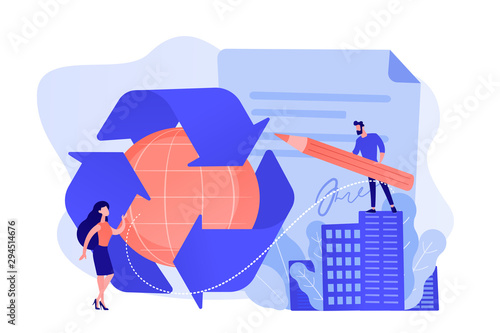 Specialists writing new mandatory recycling laws for country. Government mandated recycling, ecological regulations, local recycling laws concept. Pinkish coral bluevector isolated illustration