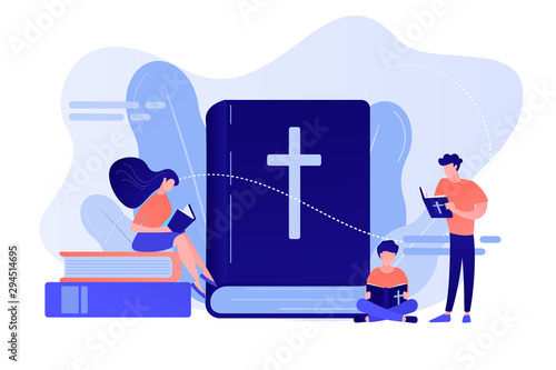 Tiny people christians reading the Holy Bible and learning about Christ. Holy Bible, sacred holy book, the word of God concept. Pinkish coral bluevector isolated illustration
