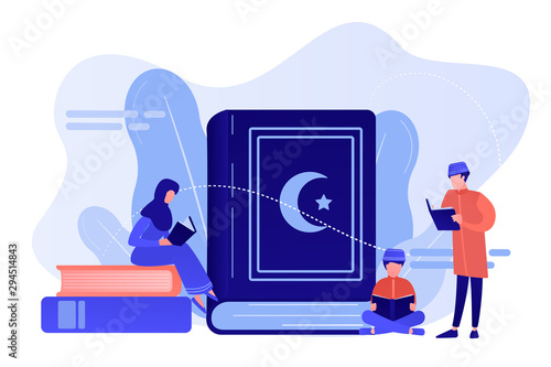 Muslim family in traditional clothes reading holy book Quran, tiny people. Five Pillars of Islam, Islamic calendar, Islamic culture concept. Pinkish coral bluevector isolated illustration