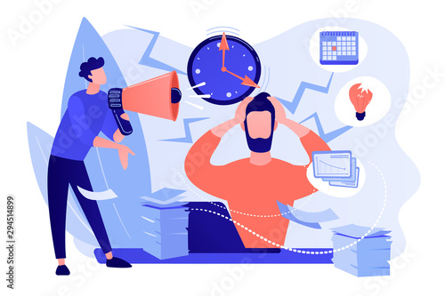 Exhausted, frustrated worker, burnout. Boss shout at employee, deadline. How to relieve stress, acute stress disorder, work related stress concept. Pinkish coral bluevector isolated illustration
