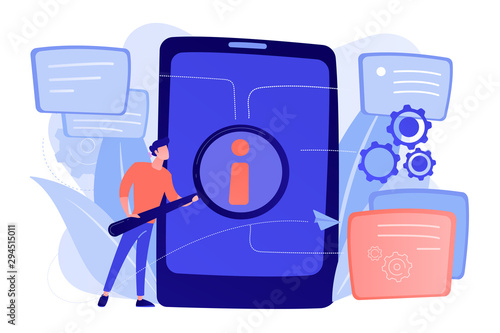 User looking for information in tablet with magnifier. Electronic goods technical assistance guide, manual for computer hardware and software concept, violet palette. Vector isolated illustration.