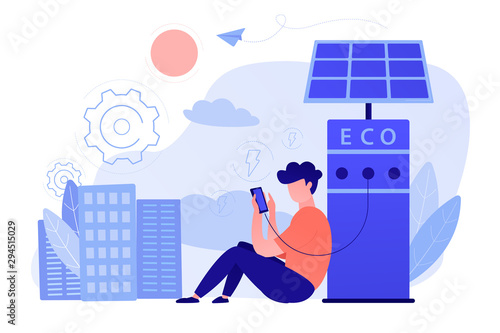 Man charges smartphone from solar recharge station. Ecological renewable charging systems, smart bus stops, IoT and smart city concept, violet palette. Vector illustration on white background.