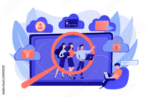 Online security breach, immoral private life offence. Digital ethics and privacy, digital mediums behavior, internet privacy violation concept. Pinkish coral bluevector isolated illustration