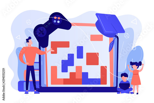 Entertaining studying, logical thinking development. Educational game, gaming education platform, gamified learning system, play and learn concept. Pinkish coral bluevector isolated illustration