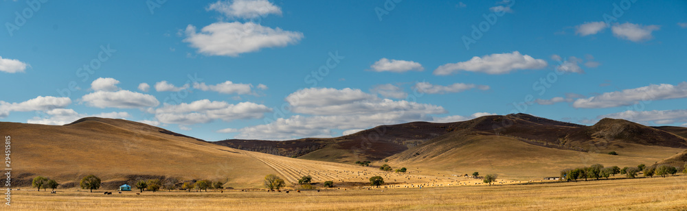 panorama view of vast grassland, landscape with mountains and blue sky panorama view of vast grassland, landscape with mountains and blue sky