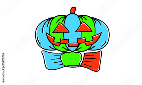 A skull with creepy fanged teeth, with a pumpkin head, very suitable for hllowen events