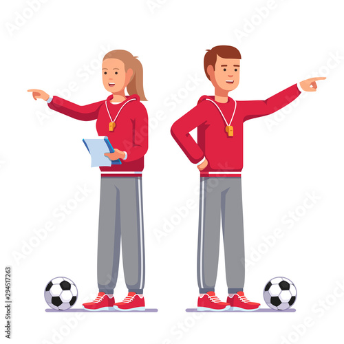 Soccer coach pointing finger talking football team