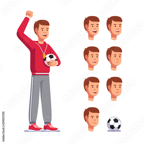 Soccer coach man shouting raising clenched hand