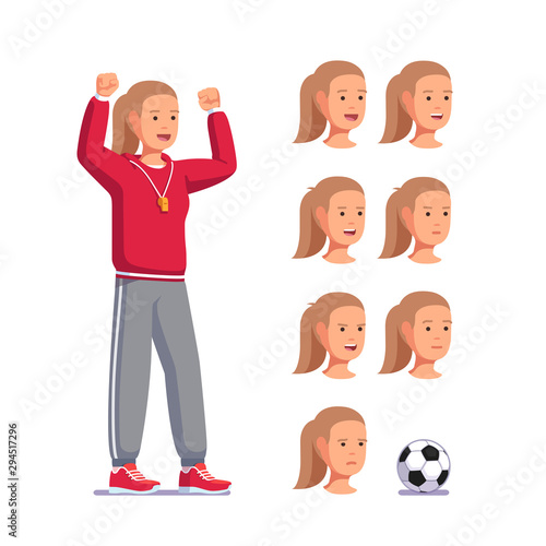 Soccer coach woman shouting raising clenched fist