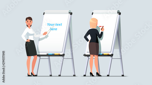 Business woman giving lecture on modern flipchart