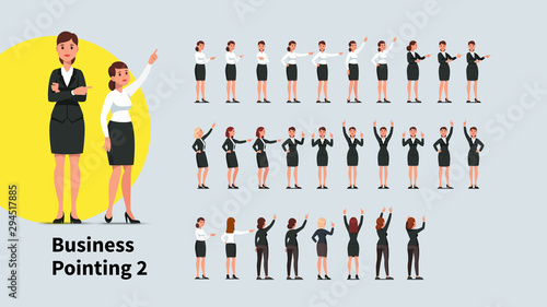 Business woman pointing finger aside and up