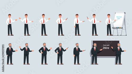 Businessman point at flipchart with pointer stick