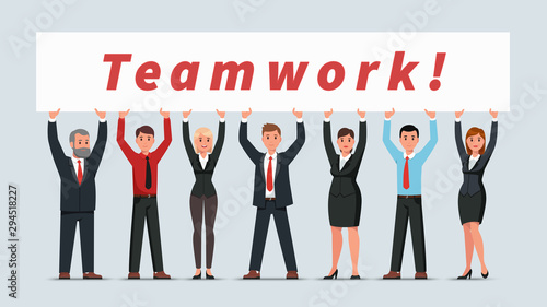Business managers team holding big teamwork banner