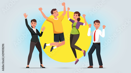 Cheerful men and women raising hands and jumping