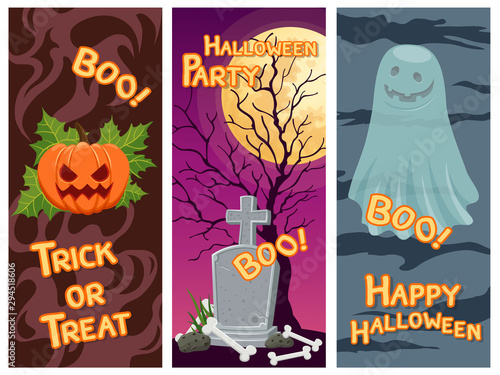 Stock vector halloween celebration banner. Colorful element collection vector. Concept cartoon Halloween day. Vector clipart illustration invitation cards banners