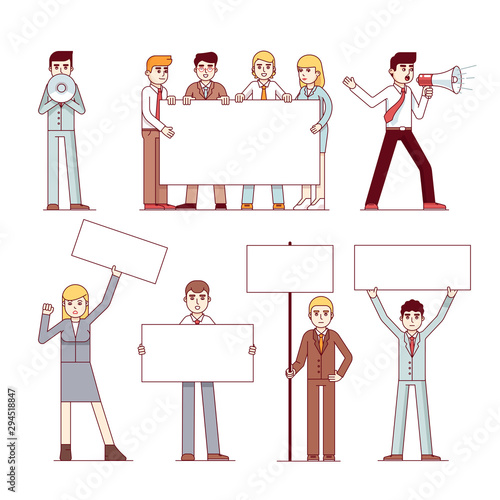 Business people holding banners with copy space