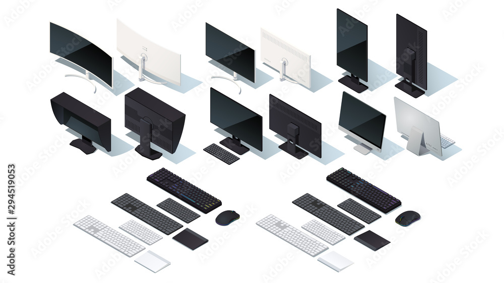 Modern monitor, keyboard, mouse, touch pad set Modern monitor, keyboard, mouse, touch pad set