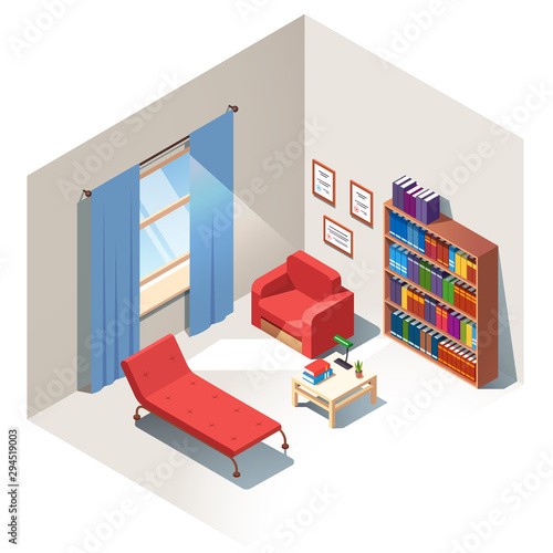 Psychologist cozy office with couch and armchair