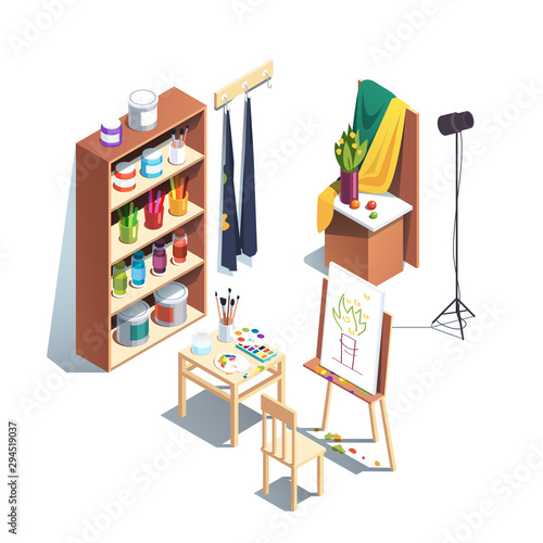Modern painter artist workshop room with paints