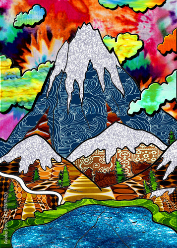 Rainbow Tie Dye Explosive Snow Cap Mountains and Trees