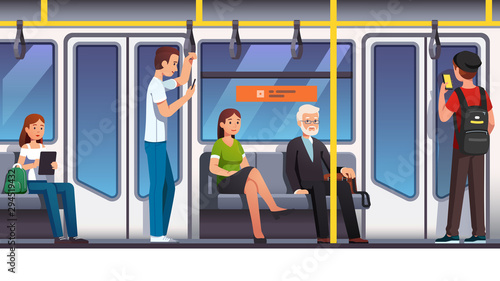 People sitting and standing inside subway train