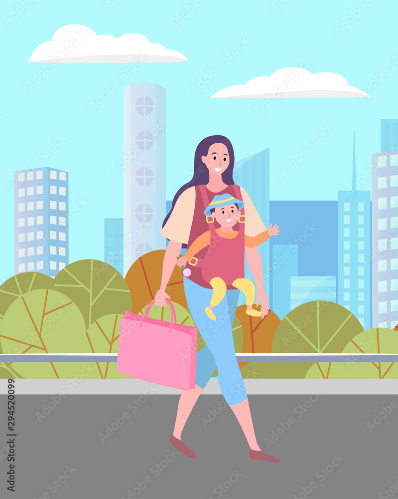 Woman with baby carrier walking down city street or park . Female holding little baby in sling, buildings and skyscrapers on background. Vector illustration in flat cartoon style Woman with baby carrier walking down city street or park . Female holding little baby in sling, buildings and skyscrapers on background. Vector illustration in flat cartoon style