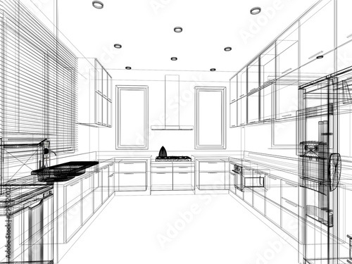abstract sketch design of interior kitchen ,3d rendering