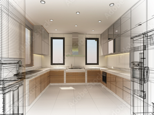 abstract sketch design of interior kitchen  3d rendering