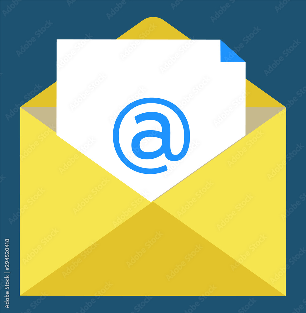 Letter symbol, paper with email sign in yellow envelope. Writing online, modern technology of workstation, poster or report, element of broker. Vector illustration in flat cartoon style Letter symbol, paper with email sign in yellow envelope. Writing online, modern technology of workstation, poster or report, element of broker. Vector illustration in flat cartoon style