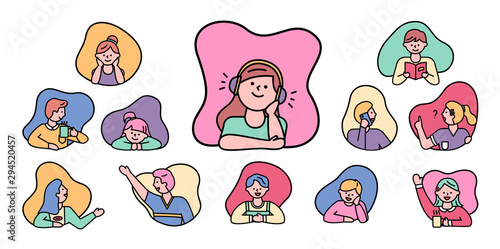 Kids in window, isolated line boys and girls face in action round color icons. People listening music and dreaming outline male reading book, bookworm personage. Drinking coffee and talking discussing