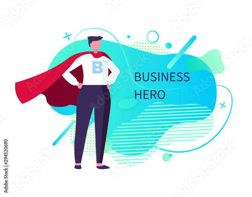 Business hero vector, man wearing suit and mantle standing in brace posture, male saving world, super business man with powers and abilities. Abstract design