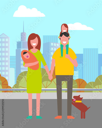 Smiling parents holding children, woman with infant, father with daughter and dog. Family leisure in city, people walking on street, skyscraper view. Vector illustration in flat cartoon style