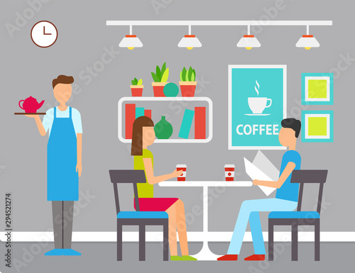 Man and woman in cafeteria, girl holding cup, boy reading menu, standing waiter with teapot. Indoor cafe decorated by pictures, shelf with plants. Girl and boy on dating in coffee cafe. Vector flat