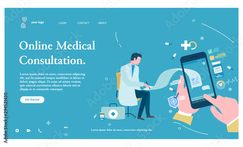 Online medical consultation, patient using cell phone chatting with doctor. Doc helping sick person with help of internet and gadgets. Vector illustration in flat cartoon style