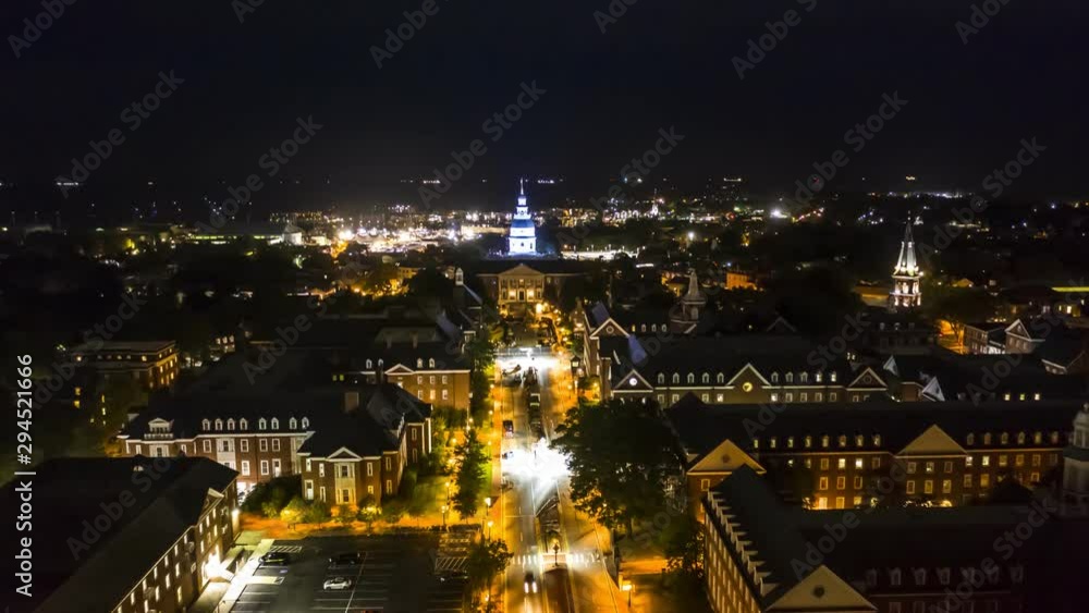 Aerial hyperlapse of Annapolis at night Annapolis is the capital of the US state of Maryland. The drone flies above Bladen street towards State Circle and the Capitol. Aerial hyperlapse of Annapolis at night Annapolis is the capital of the US state of Maryland. The drone flies above Bladen street towards State Circle and the Capitol.