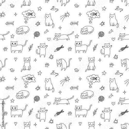 Cute seamless kids pattern with meme adorable cats. Vector eps10